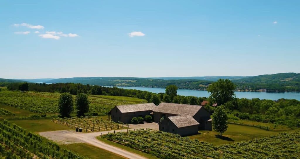 Aerial view of The Vineyard estate and Keuka Lake in New York