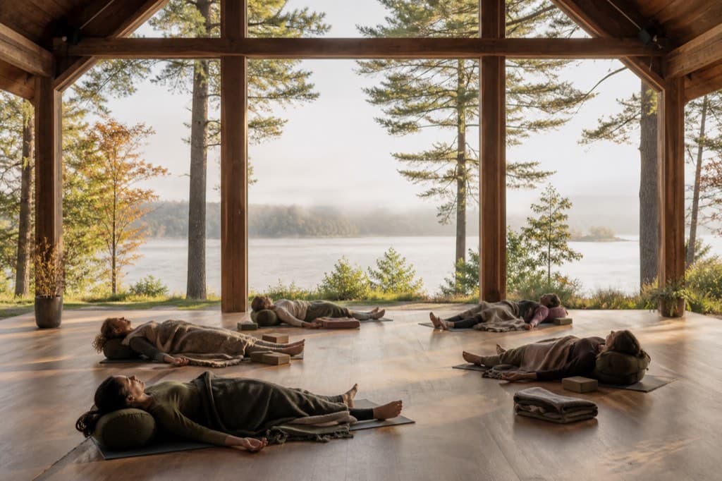 A small group resting in supported yoga poses inside an open lakeside pavilion in the Hudson Valley