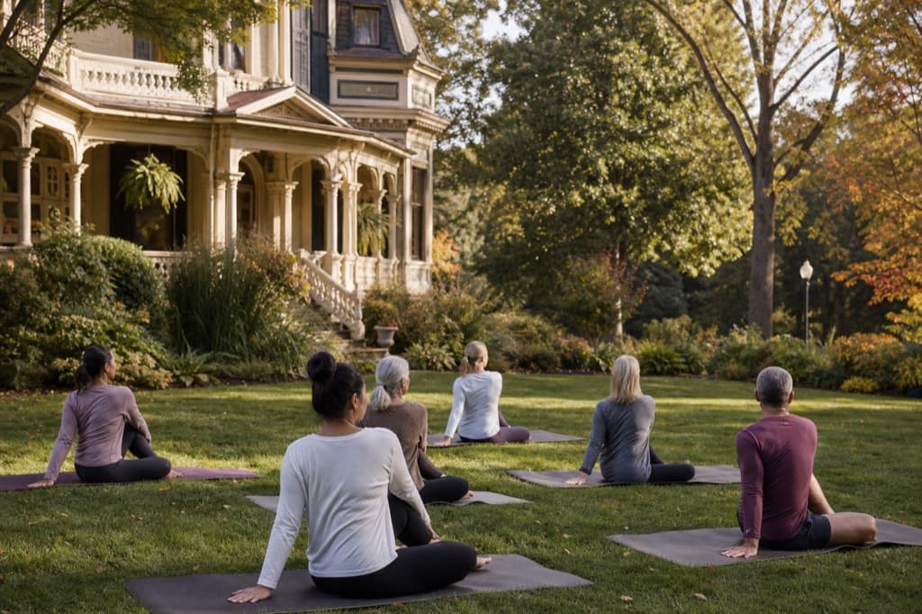 Guests practicing gentle yoga on the garden lawn of a historic Victorian mansion in Saratoga Springs
