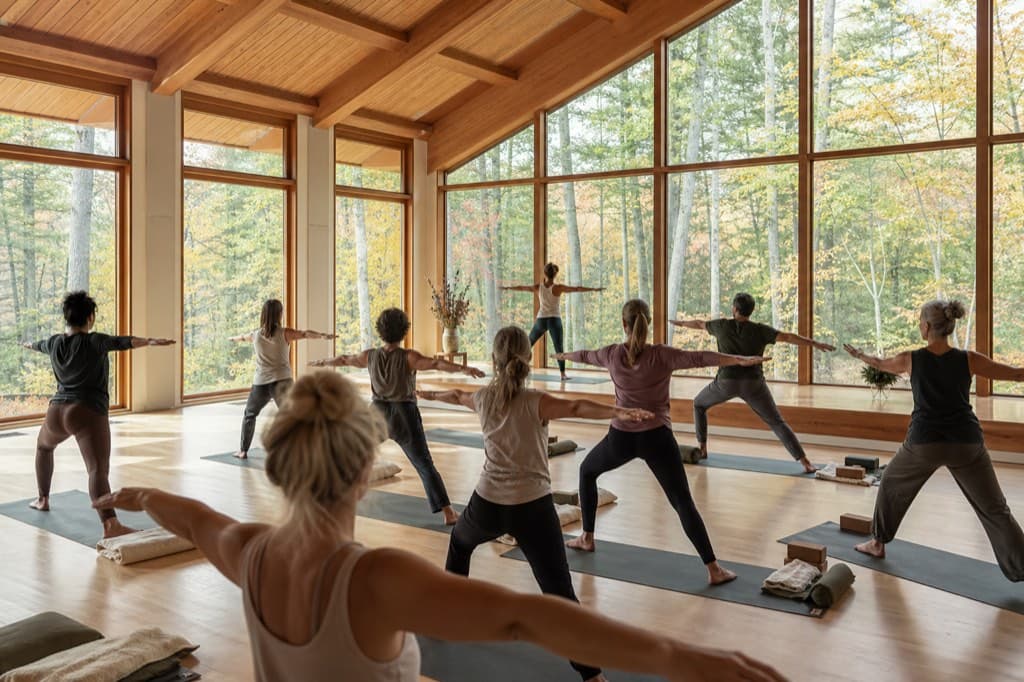 A group practicing standing yoga in a sunlit timber studio overlooking early-autumn Berkshire woodland