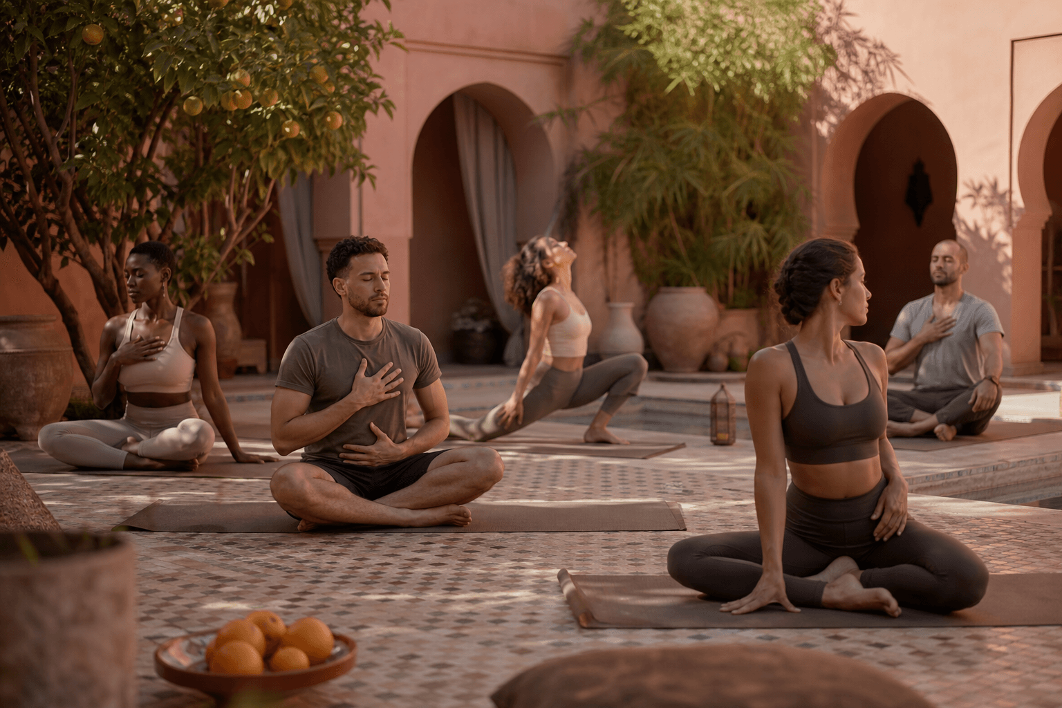 Editorial image of a yoga and breathwork session in a serene Marrakech courtyard