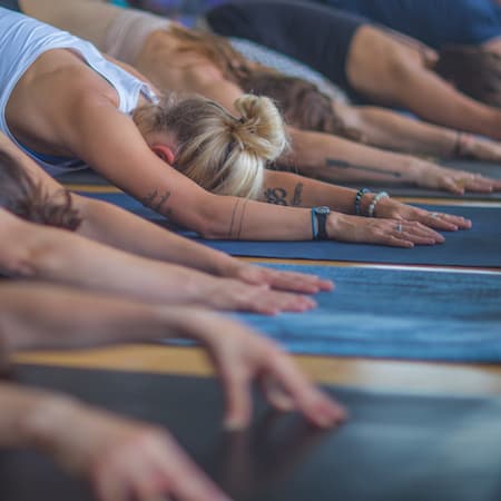 Yoga practitioners resting forward on their mats during an Esalen group practice