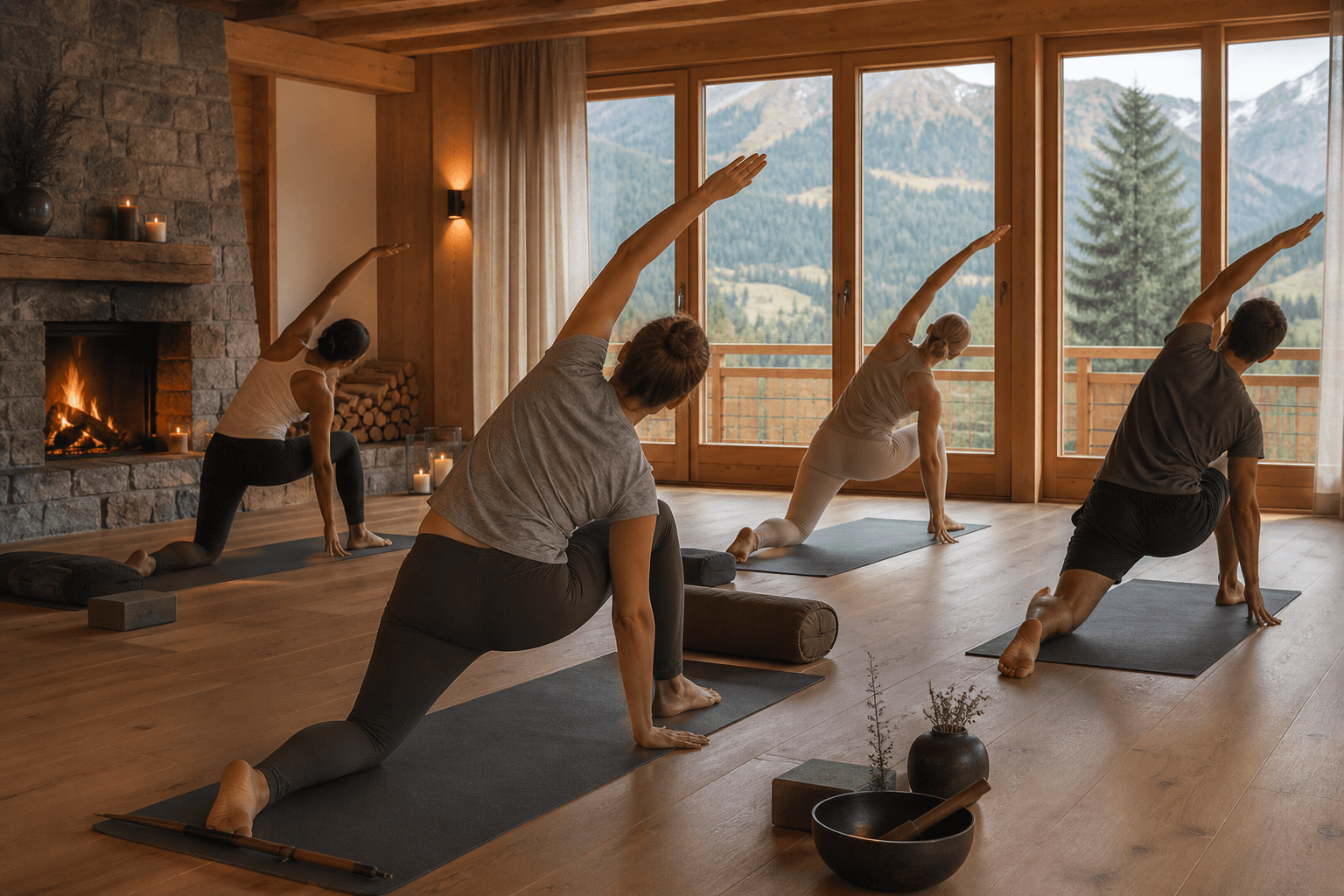 Editorial image of a gentle yoga class in a warm Swiss alpine wellness room
