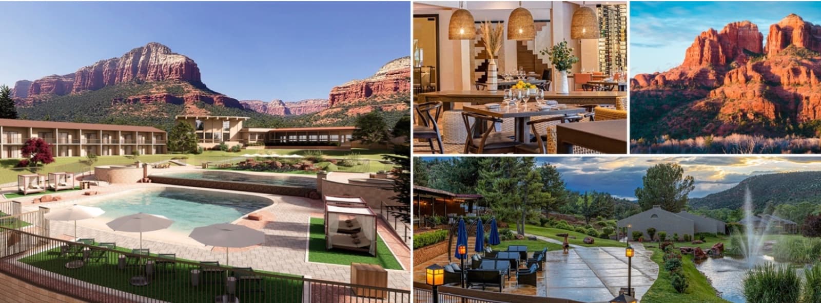 Official event collage showing Outbound Sedona resort, pool, dining room and surrounding red-rock landscape